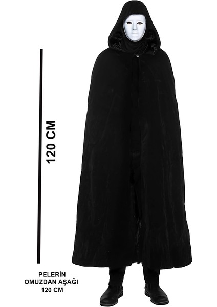 Siyah Kapüşonlu 120 cm Pelerin ve Beyaz Boyanabilir Tam Yüz Maske