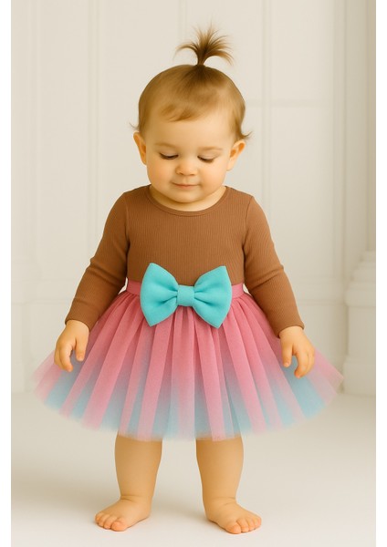 Kız Bebek Astarlı Önü Tokalı Beli Lastikli Üst Katman Pembe Alt Katman Mavi Kabarık Tütü Etek