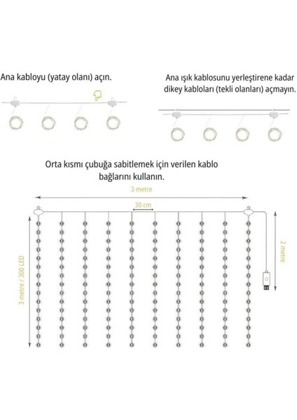 Lw-7 300 Ledli 10 Sarkıt Perde LED Işık, 8 Modlu Uzaktan Kumandalı, 3x3 Metre Telli LED modelleri