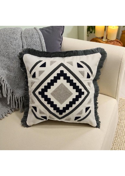 Kenarı Püsküllü Pamuk Nakışlı Geometrik Detaylı Kare Panç (Punch) Kırlent Kılıfı