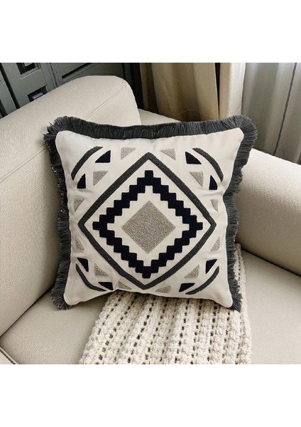 Kenarı Püsküllü Pamuk Nakışlı Geometrik Detaylı Kare Panç (Punch) Kırlent Kılıfı fiyatları