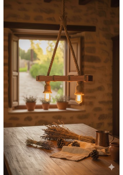 Ahşap & Halat Rustik Avize – Vintage Tarzı Dekoratif Sarkıt Lamba fiyatları