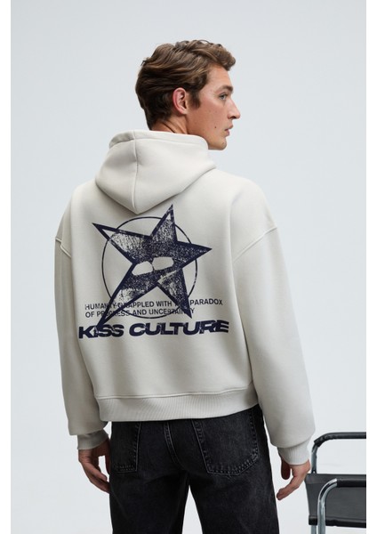 Truett Erkek Kapüşonlu Kanguru Cepli Önü ve Sırtı Baskılı Oversize Gri Sweatshirt fiyatları