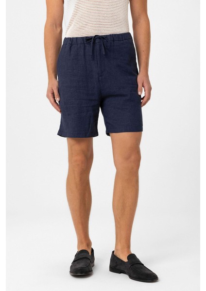 Lacivert Keten Karışımlı Erkek Şort