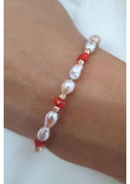 Doğal Inci Mercan Taşlı 925AYAR Gümüş Ara Parçalı Tasarım Bileklik