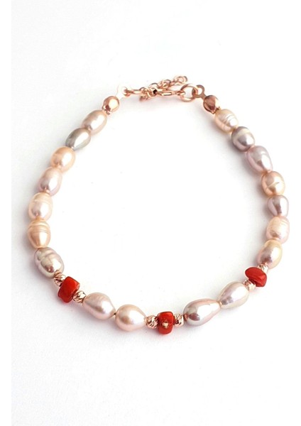 Doğal Inci Mercan Taşlı 925AYAR Gümüş Ara Parçalı Tasarım Bileklik fiyatları