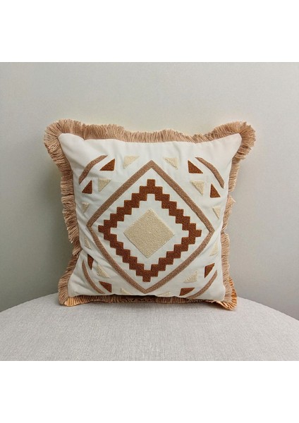 Kenarı Püsküllü Pamuk Nakışlı Geometrik Detaylı Kare Panç (Punch) Kırlent Kılıfı