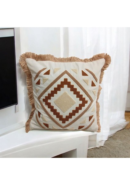 Kenarı Püsküllü Pamuk Nakışlı Geometrik Detaylı Kare Panç (Punch) Kırlent Kılıfı fiyatları