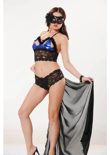 Mavi Siyah Deri ( Lame ) Dantelli Gecelik - 457 fiyatları