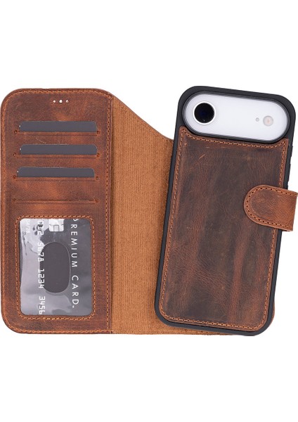 Bloomcase Magic Wallet Mahogany Saddle Hakiki Deri iPhone 17 Air(6.5") Cüzdanlı Telefon Kılıfı