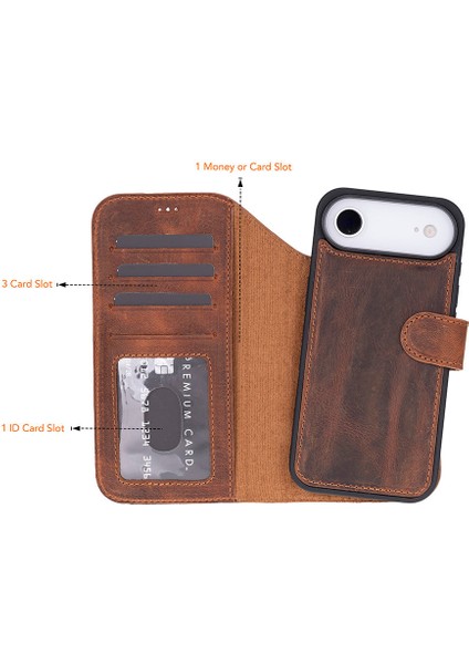 Bloomcase Magic Wallet Mahogany Saddle Hakiki Deri iPhone 17 Air(6.5") Cüzdanlı Telefon Kılıfı modelleri