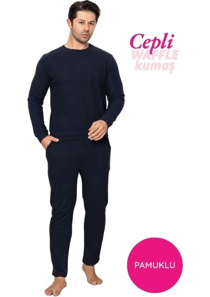 Erkek Bisiklet Yaka Düğmesiz Kışlık Waffle Pamuklu Kumaş Uzun Manşetli Kol Cepli Pijama Takımı