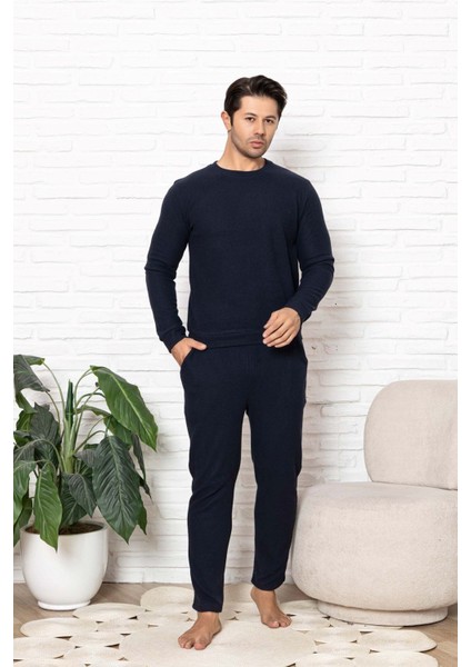 Erkek Bisiklet Yaka Düğmesiz Kışlık Waffle Pamuklu Kumaş Uzun Manşetli Kol Cepli Pijama Takımı modelleri