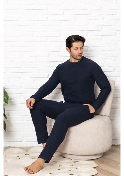 Erkek Bisiklet Yaka Düğmesiz Kışlık Waffle Pamuklu Kumaş Uzun Manşetli Kol Cepli Pijama Takımı fırsatları