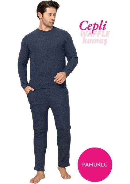 Erkek Bisiklet Yaka Düğmesiz Kışlık Waffle Pamuklu Kumaş Uzun Manşetli Kol Cepli Pijama Takımı