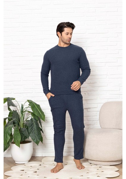 Erkek Bisiklet Yaka Düğmesiz Kışlık Waffle Pamuklu Kumaş Uzun Manşetli Kol Cepli Pijama Takımı modelleri