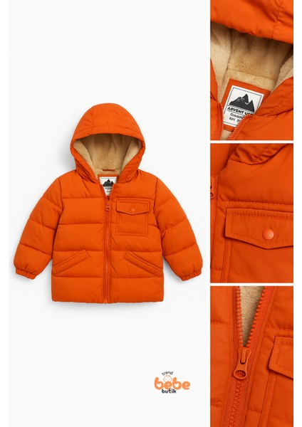 Kız Çocuk Kışlık Şişme Mont – Kürklü Kapüşonlu, Fermuarlı, Cepli Kalın Rahat Şık Mont Turuncu