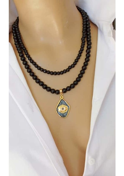 Altın Kaplama 2 Sıra Siyah Oniks Göz Kolye – Sedefli Nazar Uçlu, Ayarlanabilir Zincirli 45–50 cm
