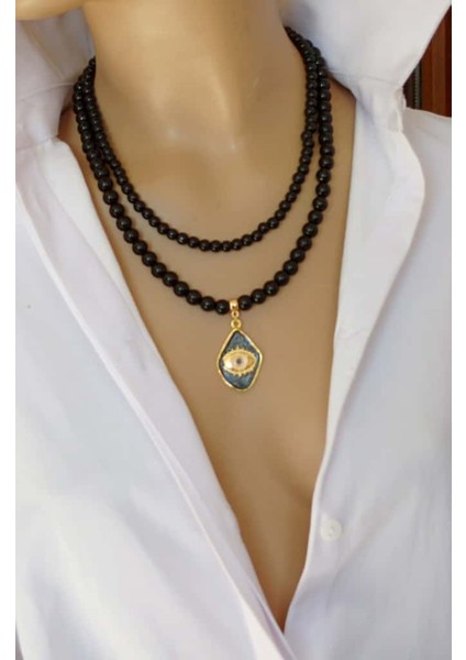 Altın Kaplama 2 Sıra Siyah Oniks Göz Kolye – Sedefli Nazar Uçlu, Ayarlanabilir Zincirli 45–50 cm fiyatları