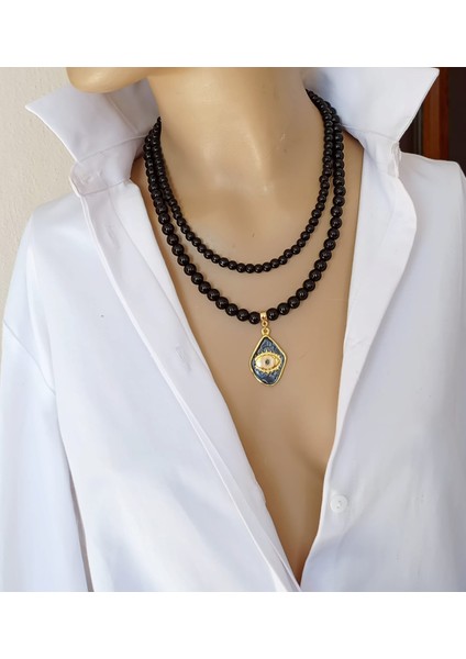 Altın Kaplama 2 Sıra Siyah Oniks Göz Kolye – Sedefli Nazar Uçlu, Ayarlanabilir Zincirli 45–50 cm modelleri