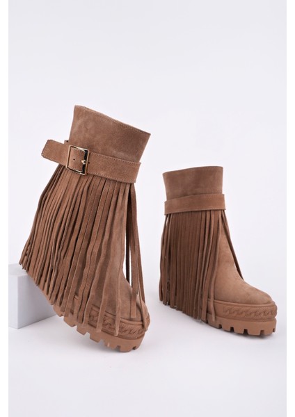 Rio Model Hakiki Deri Yuvarlak Burun Dolgu Taban Gizli Ökçe Püsküllü Tokalı Kadın Günlük Bot fırsatları