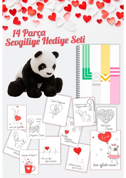 Sevgiliye Romantik Hediye Seti – Peluş Ayı, Love Kapaklı Defter ve Sevgi Sözü Kartları