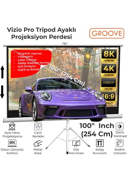 Vizio Pro 100¨INCH 220X125CM Blackout Işık Geçirmez Tripod Ayaklı Projeksiyon Perdesi +Taşınabilir+Canlı Renkler+Göz Koruması+Leke Tutmaz Projector