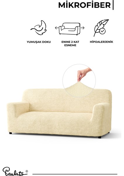 Lastikli Esnek ve Yıkanabilir Piliseli Vanilya 3 Kişilik Koltuk Örtüsü indirimleri