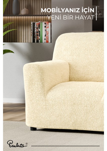 Lastikli Esnek ve Yıkanabilir Piliseli Vanilya 3 Kişilik Koltuk Örtüsü