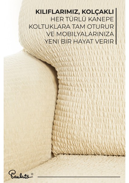 Lastikli Esnek ve Yıkanabilir Piliseli Vanilya 3 Kişilik Koltuk Örtüsü