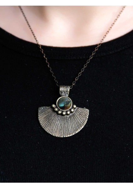 Doğal Taş Labradorit Doğal Taşlı Desenli Otantik Kadın Kolye 45 cm Zincirli EUK26LBT