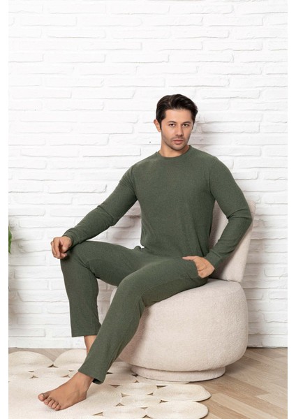 Erkek Bisiklet Yaka Düğmesiz Kışlık Waffle Pamuklu Kumaş Uzun Manşetli Kol Cepli Pijama Takımı fırsatları