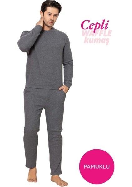 Erkek Bisiklet Yaka Düğmesiz Kışlık Waffle Pamuklu Kumaş Uzun Manşetli Kol Cepli Pijama Takımı