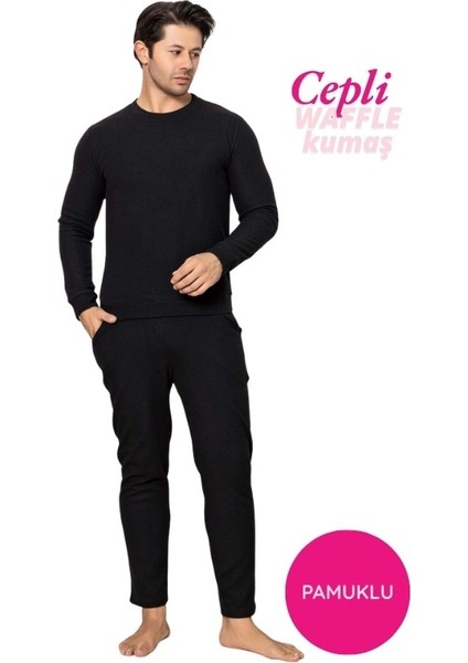 Erkek Bisiklet Yaka Düğmesiz Kışlık Waffle Pamuklu Kumaş Uzun Manşetli Kol Cepli Pijama Takımı