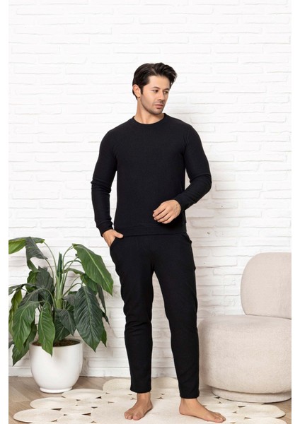 Erkek Bisiklet Yaka Düğmesiz Kışlık Waffle Pamuklu Kumaş Uzun Manşetli Kol Cepli Pijama Takımı modelleri