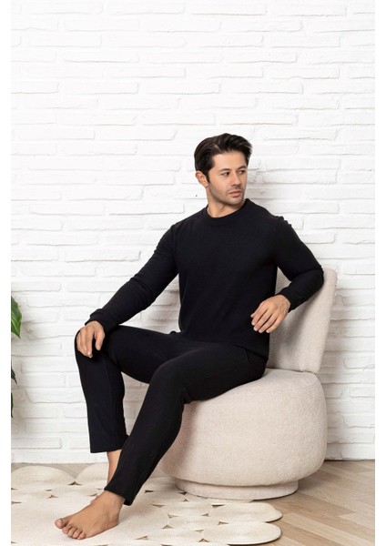 Erkek Bisiklet Yaka Düğmesiz Kışlık Waffle Pamuklu Kumaş Uzun Manşetli Kol Cepli Pijama Takımı fırsatları