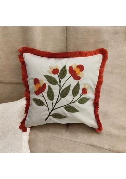 Kenarı Püsküllü Pamuk Nakışlı Çiçek Detaylı Kare Panç (Punch) Kırlent Kılıfı fiyatları