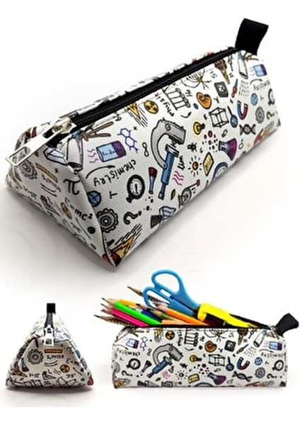 Üçgen Kalem Kutusu Vegan Deri Malzemeden Üretilmiş Fen Bilimi Desenli Jumbo Boyut fırsatları