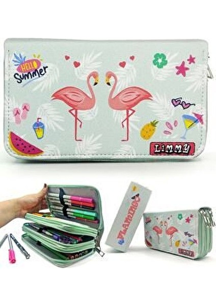 Flamingo Desenli Jumbo Kalem Kutusu Fiber Deri Malzeme 3 Bölmeli 24 Kalem Kapasitesi indirimleri