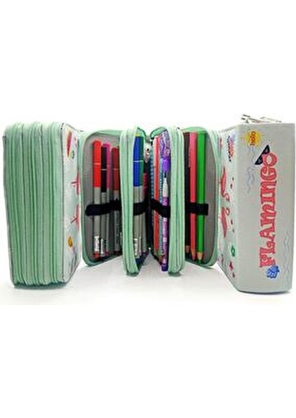 Flamingo Desenli Jumbo Kalem Kutusu Fiber Deri Malzeme 3 Bölmeli 24 Kalem Kapasitesi
