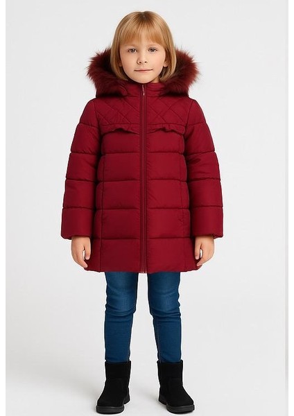 Kız Çocuk Şişme Kaban Suni Kürk Detaylı Kapşonlu Cepli Fermuarlı Bebeciden Pembe