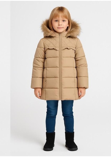 Kız Çocuk Şişme Kaban Suni Kürk Detaylı Kapşonlu Cepli Fermuarlı Bebeciden Pembe