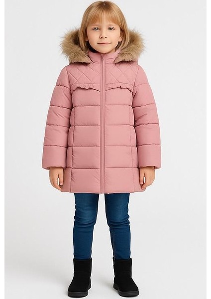 Kız Çocuk Şişme Kaban Suni Kürk Detaylı Kapşonlu Cepli Fermuarlı Bebeciden Pembe
