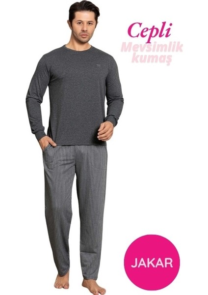 Erkek Düğmesiz Çizgili Jakar Kumaş Mevsimlik Kol Manşetli Uzun Kol Cepli Pijama Takımı