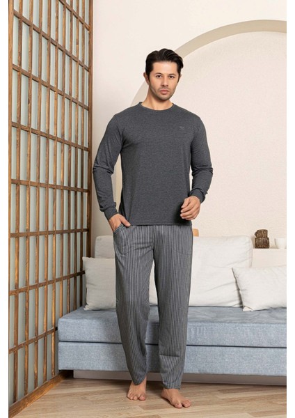 Erkek Düğmesiz Çizgili Jakar Kumaş Mevsimlik Kol Manşetli Uzun Kol Cepli Pijama Takımı modelleri