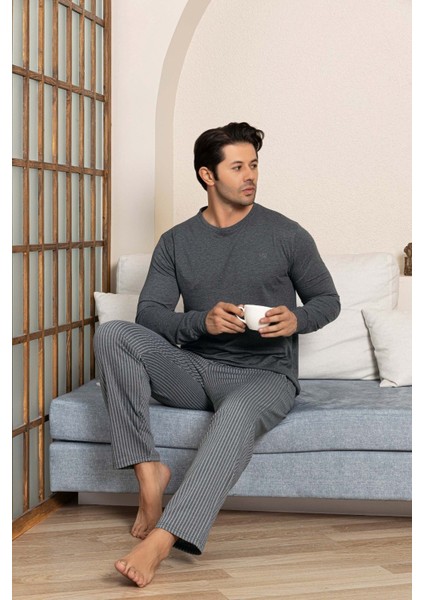 Erkek Düğmesiz Çizgili Jakar Kumaş Mevsimlik Kol Manşetli Uzun Kol Cepli Pijama Takımı fırsatları