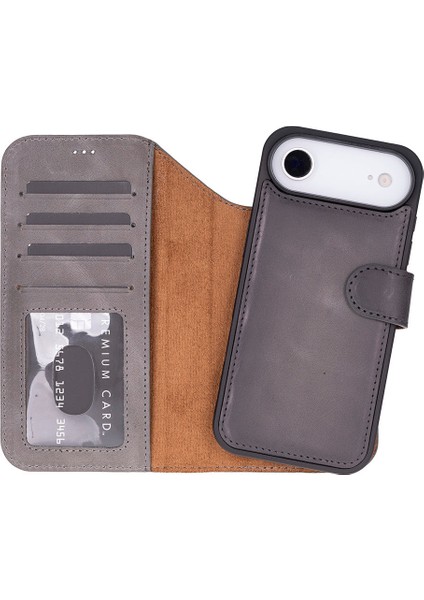 Bloomcase Magic Wallet Ash Mist Gray Hakiki Deri iPhone 17 Air(6.5") Cüzdanlı Telefon Kılıfı