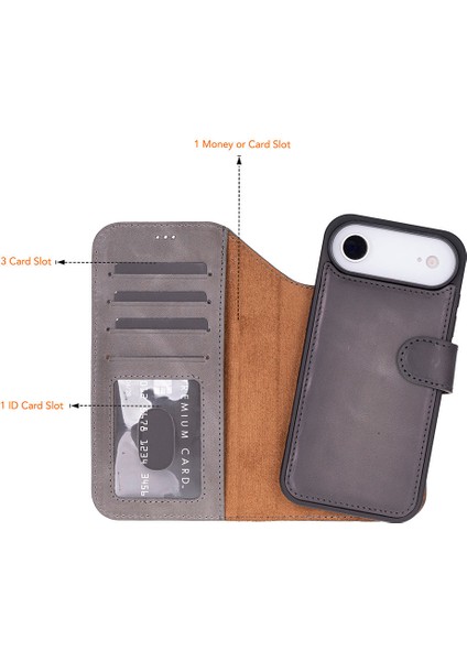 Bloomcase Magic Wallet Ash Mist Gray Hakiki Deri iPhone 17 Air(6.5") Cüzdanlı Telefon Kılıfı modelleri