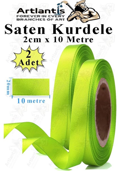 Açık Yeşil Kurdele Saten 2 cm 10 Metre 2 Adet Saten Kurdela Parlak Hediye ve Süsleme Şeridi Süs Paketleme Çiçek Saç El