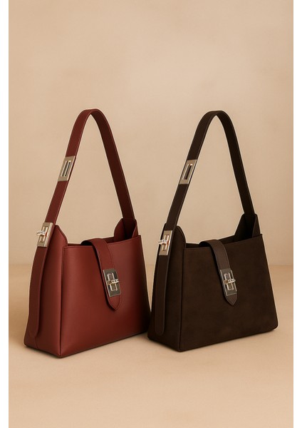 Kadın Gold Kilit Detay Aksesuarlı Ayarlanabilir Kilit Askılı El Kol ve Omuz Çanta 2Lİ HELEN (Bordo, Süet Kahve)